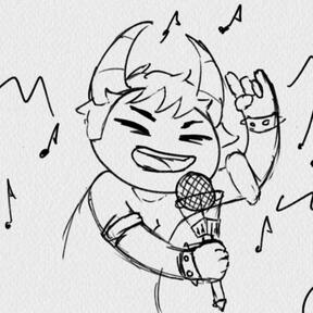 A sketch of Xefros Tritoh singing into his mic while holding up the &#39;rock on&#39; hand sign.