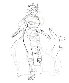 A sketch of a anthro shark dancing happily in a silk revealing costume.