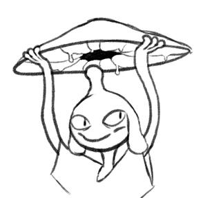 A sketch of an alien-like creature holding up a mushroom cap hat.