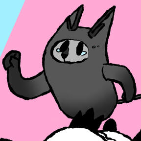 A FallGuys style drawing of Shroomoss&#39;s fursona crying and running. Grey character with a bright pink BG